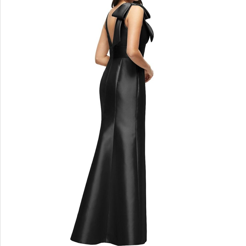 ALFRED SUNG Black Satin V-Neck Maxi Gown with Shoulder Bow - Picture 2 of 2